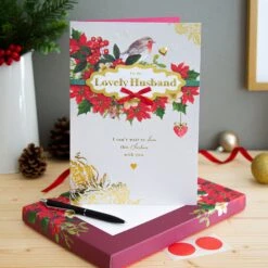 Hallmark Medium Luxury Boxed Christmas Card For Husband - Traditional Robin And Foliage Design