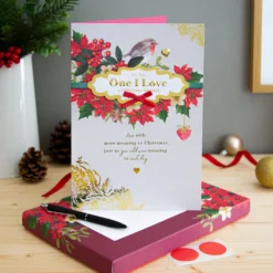 Hallmark Medium Luxury Boxed Christmas Card For One I Love - Traditional Robin And Foliage Design