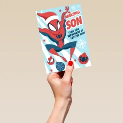 Pod Personalised Son MARVEL Spider-Man Santa Hat Christmas Card -Pod Shop F3005591 hand L