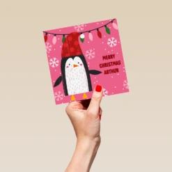 Pod Personalised Kids Christmas Editable Festive Penguin Card -Pod Shop F3005683 hand L