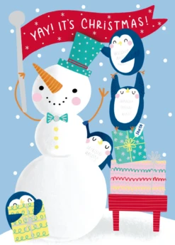 Pod Personalised Kids Snowman & Penguins Flag Christmas Card