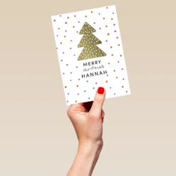 Pod Personalised Kids Gold Tree & Polka Dots Christmas Card 9 Pod Personalised Kids Gold Tree & Polka Dots Christmas Card -Pod Shop F3005749 hand L
