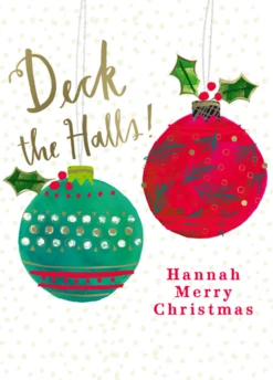 Pod Personalised Classic Baubles And Holly Green & Red Christmas Card