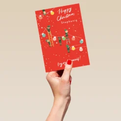Pod Personalised Classic Christmas Cute Elves Decorating Card -Pod Shop F3005928 hand L