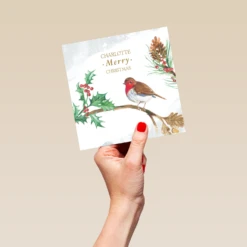 Pod Personalised Traditional Christmas Robin Holly And Tree Card 9 Pod Personalised Traditional Christmas Robin Holly And Tree Card -Pod Shop F3005991 hand L