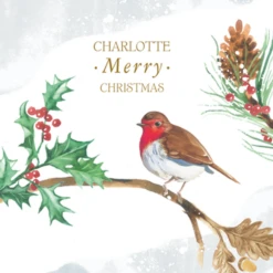 Pod Personalised Traditional Christmas Robin Holly And Tree Card