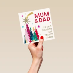 Pod Personalised Mum & Dad Family Times Colourful Trees Christmas Card 9 Pod Personalised Mum & Dad Family Times Colourful Trees Christmas Card -Pod Shop F3006084 hand L