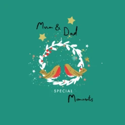 Pod Personalised Mum & Dad Illustrated Robins And Wreath Christmas Card