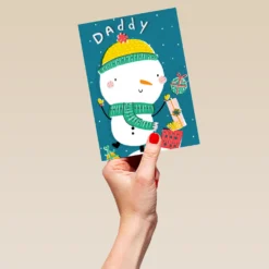 Pod Personalised Daddy Fun Snowman Kids Christmas Card -Pod Shop F3006101 hand L
