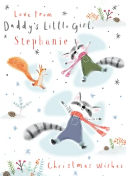 Pod Personalised Daddy From Little Girl Snow Angel Raccoons Christmas Card