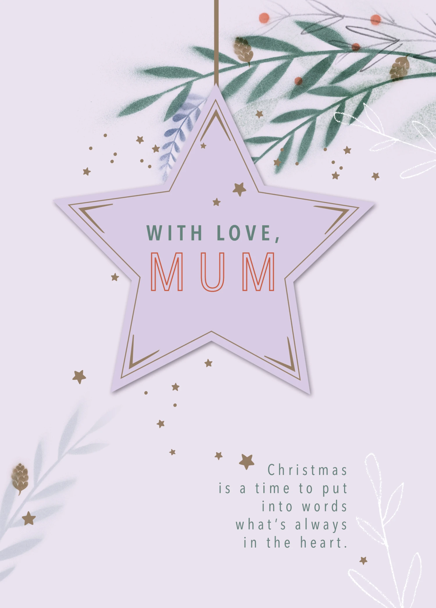 Pod Personalised Mum Star Bauble & Leaves Traditional Christmas Card 1 Pod Personalised Mum Star Bauble & Leaves Traditional Christmas Card