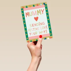 Pod Personalised Mummy Festive Love Text Colourful Kids Christmas Card -Pod Shop F3006121 hand L