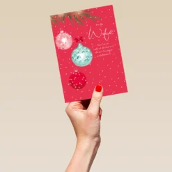 Pod Personalised Wife Traditional Baubles & Tree Christmas Card -Pod Shop F3006144 hand L