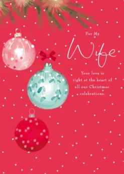 Pod Personalised Wife Traditional Baubles & Tree Christmas Card