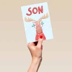 Pod Personalised Son Cute Winking Reindeer Christmas Card -Pod Shop F3006189 hand L
