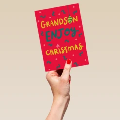 Pod Personalised Grandson Red Green & Gold Text Squiggles Christmas Card -Pod Shop F3006206 hand L