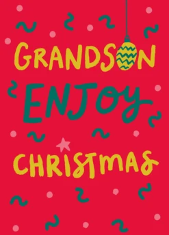 Pod Personalised Grandson Red Green & Gold Text Squiggles Christmas Card