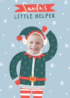 Pod Personalised Santa's Little Helper Blue Photo Christmas Card