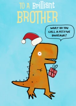 Pod Personalised For Brother Festive Dinosaur Christmas Card