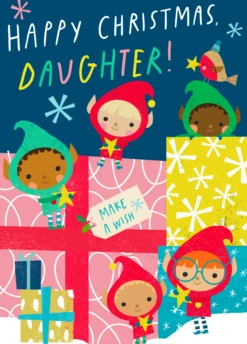 Pod Personalised Elves Christmas Card For Daughter