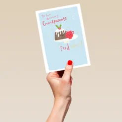 Pod Personalised Grandparents Cute Christmas Pudding Card -Pod Shop F3100067 hand L