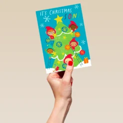 Pod Personalised Elves Christmas Card For Son -Pod Shop F3100120 hand L