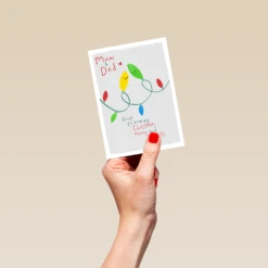 Pod Personalised Mum & Dad Tree Lights Christmas Card -Pod Shop F3100145 hand S