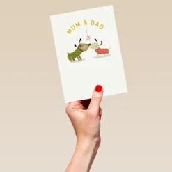 Pod Personalised Mum & Dad Mistletoe And Dogs Christmas Card -Pod Shop F3100146 hand L