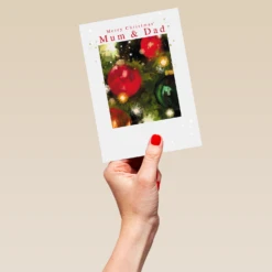 Pod Personalised Baubles Christmas Card For Mum & Dad 9 Pod Personalised Baubles Christmas Card For Mum & Dad -Pod Shop F3100152 hand L