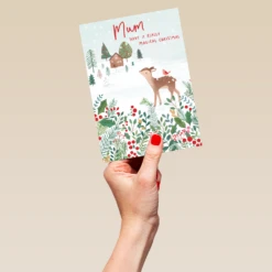 Pod Personalised Mum Reindeer & Snow Christmas Card -Pod Shop F3100157 hand L