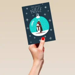Pod Personalised Niece Penguin Bauble Christmas Card -Pod Shop F3100171 hand L