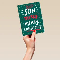 Pod Personalised Gold Red And Green Merry Christmas Son Card -Pod Shop F3100205 hand L