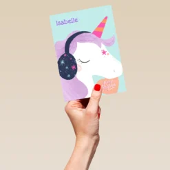 Pod Personalised Cute Winter Unicorn Earmuffs Christmas Card -Pod Shop F3100360 hand L